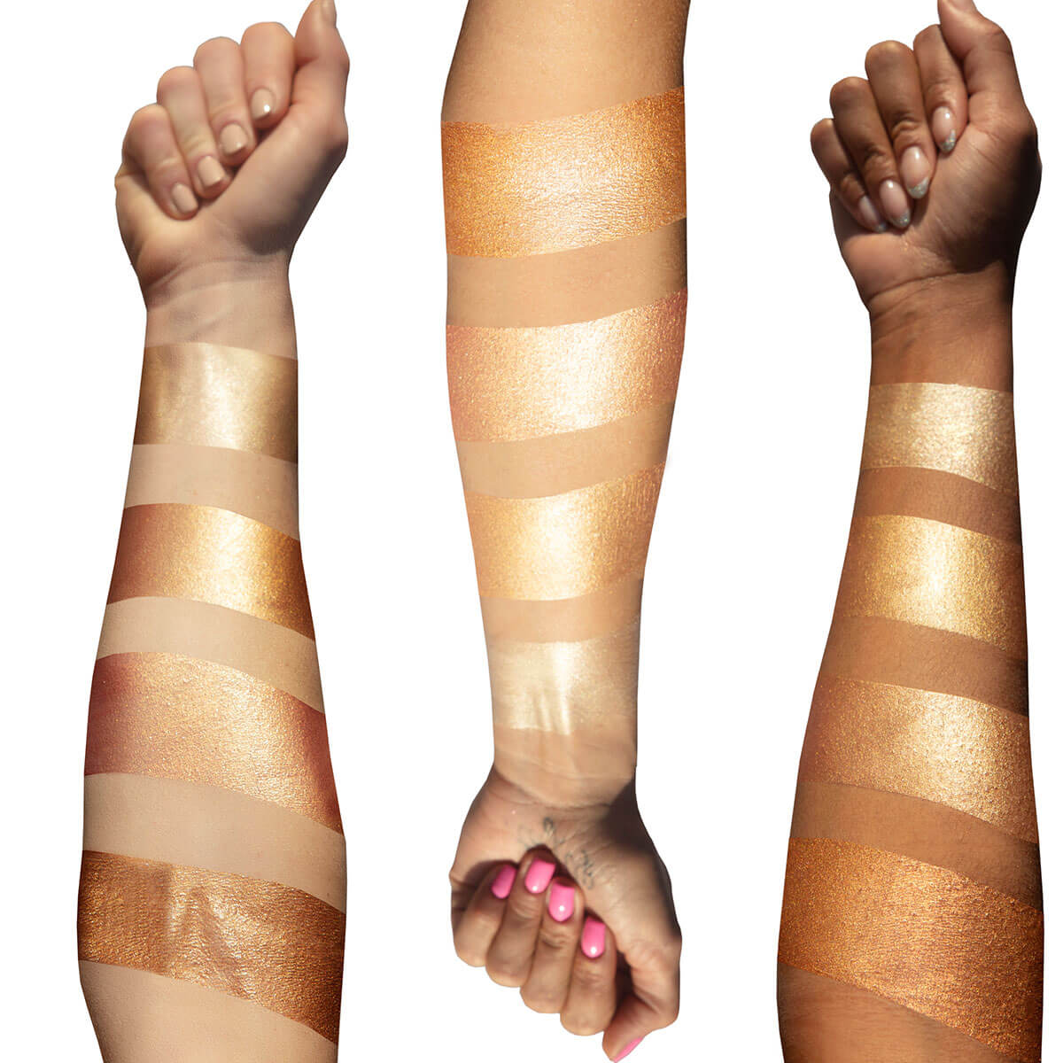 Arm Swatches of Beautiful mess on three different skin tones